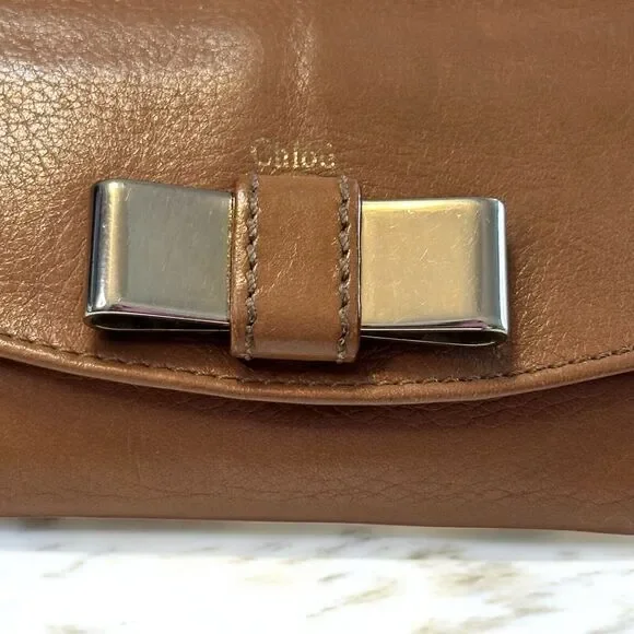 Chloe LILY Long Wallet Bifold Soft Brown Nappa Leather Silver Ribbon Bowtie Snap - Picture 3 of 16